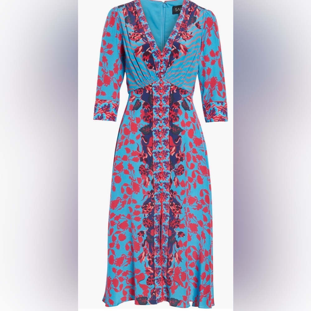 SALONI Eve Floral Silk V-Neck Midi Dress Turquoise Red Size 2